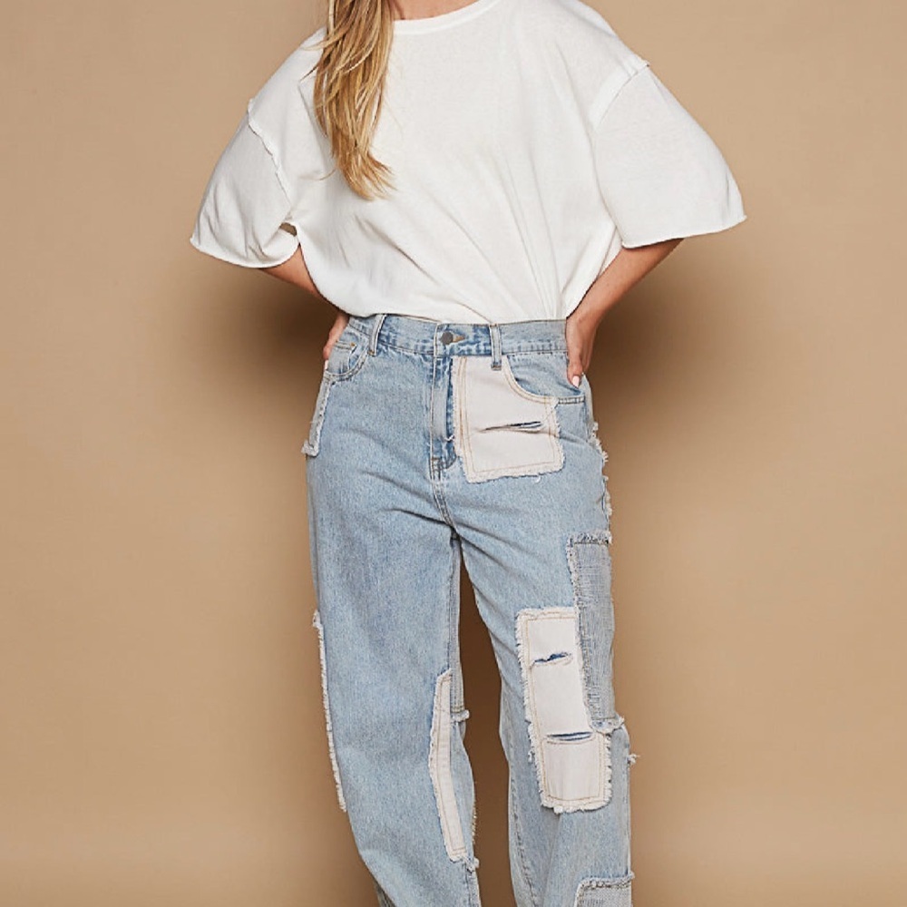 POL Blue and Cream Patchwork Boyfriend Jeans